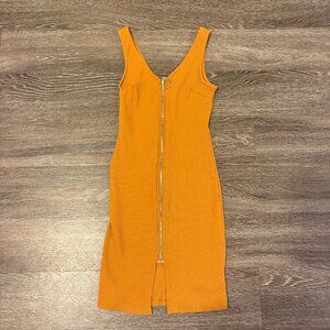 Iris Ribbed Bodycon Midi Dress Mustard Yellow Front Zip Size M